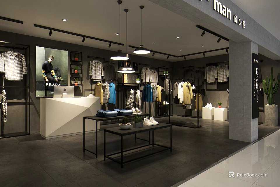 Modern Men's Clothing Store Interior With Various Colored Apparel And Hanging Lights 3d model 