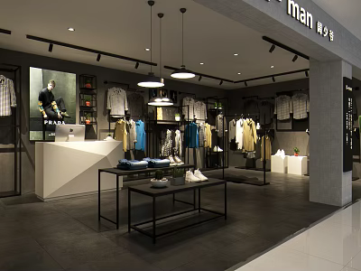 Modern Men's Clothing Store Interior With Various Colored Apparel And Hanging Lights 3d model