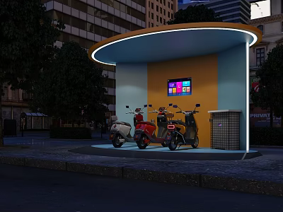 Illuminated Modern Canopy For Scooter Parking With Digital Screen On Urban Street 3d model