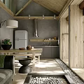 Cozy Rustic Living And Dining Room With Integrated Kitchen And Natural Wood Interior Design