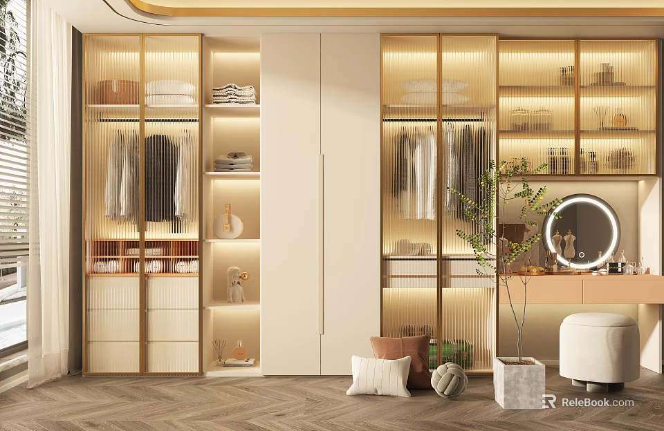 Elegant Modern Wardrobe Interior Design with Glass Doors Hanging Rods Built-in Shelves and LED Lighting 3d model 
