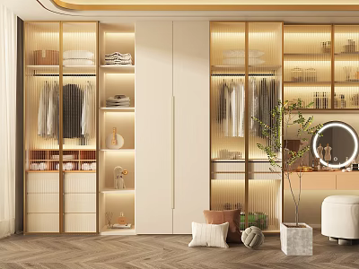 Elegant Modern Wardrobe Interior Design with Glass Doors Hanging Rods Built-in Shelves and LED Lighting 3d model