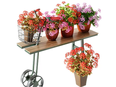 Garden Decorative Cart Featuring Wooden Top Metal Frame Wheels And Colorful Flower Pots 3d model