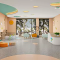 Bright Spacious Kindergarten Classroom Interior With Tables Chairs And Large Windows
