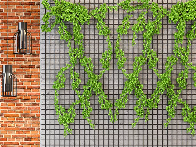 Decorative Green Plant Wall With Gray Grid Structure And Lush Green Vines Growing 3d model