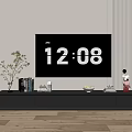 Modern Dark TV Stand with Flat Screen TV Vase Books Fruit Tray and Decorative Items