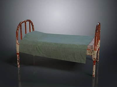 Rusted Iron Bed Frame with Red White Accents and Green Cloth Covered Mattress 3d model
