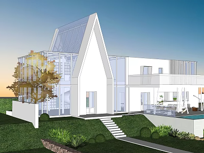 Modern White Vacation Rental Building With Glass Structure Gabled Roof And Swimming Pool 3d model