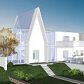 Modern White Vacation Rental Building With Glass Structure Gabled Roof And Swimming Pool