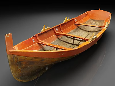 Vintage Old Wooden Boat With Orange Exterior And Brown Interior Seats 3d model