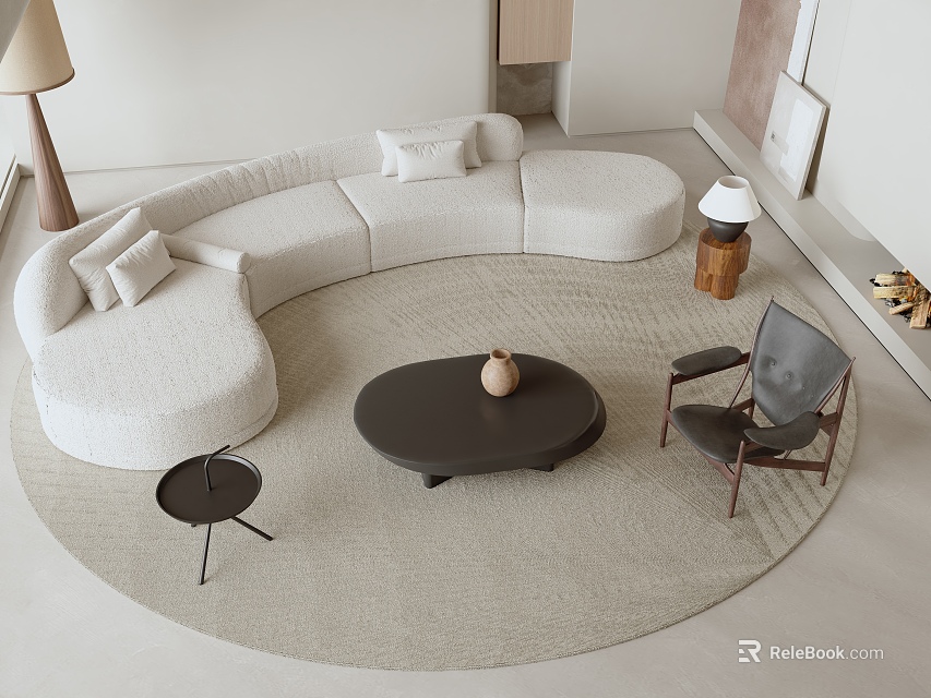 Modern Circular White Sofa and Dark Coffee Table Set with Pillows Vase and Round Rug 3d model 