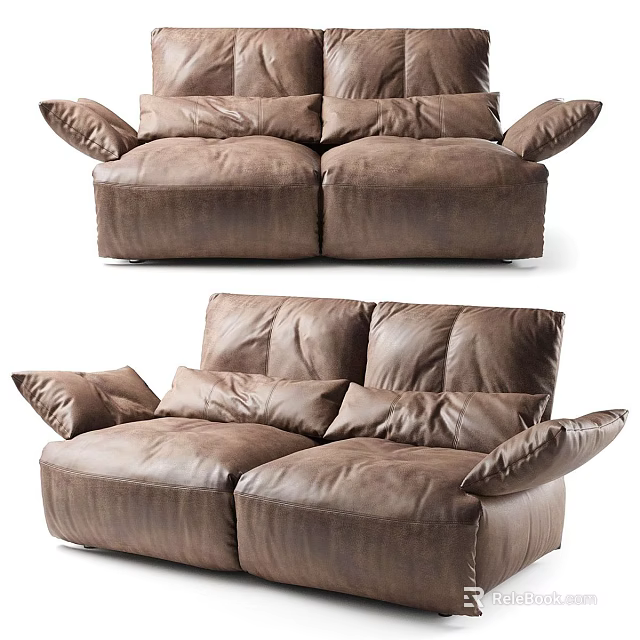 Modern Brown Leather Two Seater Sofa With Plush Cushions And Armrests 3d model 