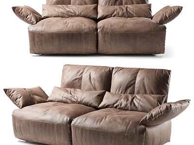 Modern Brown Leather Two Seater Sofa With Plush Cushions And Armrests 3d model