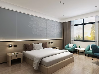 Hotel Guest Room With Large Bed Decorative Gray Walls Wooden Flooring Blue Chairs And Natural Light 3d model