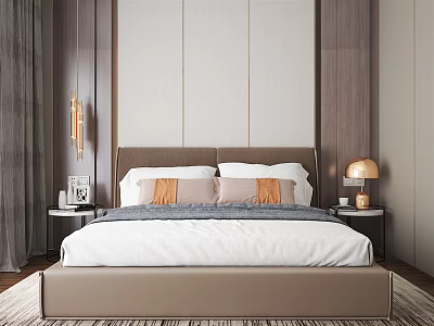 Elegant Modern Background Double Bed With Light Panel Wall Wooden Accents And Bedside Tables 3d model