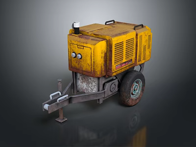 Yellow Industrial Generator With Trailer Hitch And Worn Metal Texture On Wheels 3d model