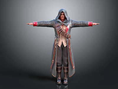 Character In Hooded Robe With Red Cuffs And Equipped Gear Standing Arms Outstretched 3d model