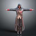 Character In Hooded Robe With Red Cuffs And Equipped Gear Standing Arms Outstretched
