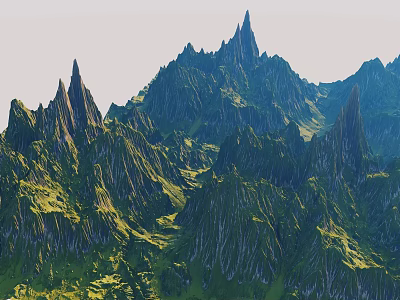 Majestic Mountain Peaks With Lush Green Slopes And Sunlit Rocky Ridges 3d model