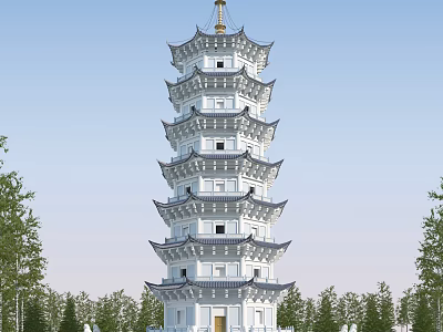 Traditional Chinese Multi Story Pagoda With White Body Blue Roof And Eaves Surrounded By Trees 3d model