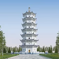 Traditional Chinese Multi Story Pagoda With White Body Blue Roof And Eaves Surrounded By Trees