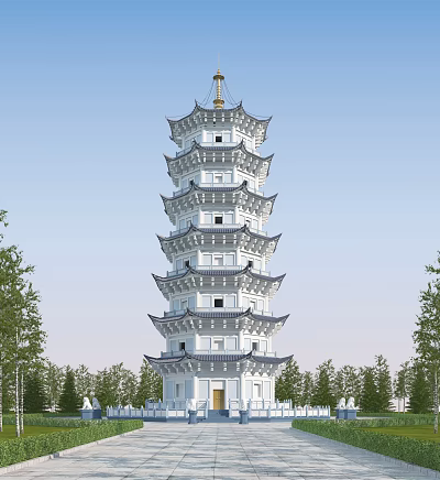 Traditional Chinese Multi Story Pagoda With White Body Blue Roof And Eaves Surrounded By Trees 3d model