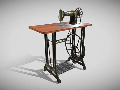 Vintage Sewing Machine on Wooden Tabletop with Metal Stand and Classic Design 3d model