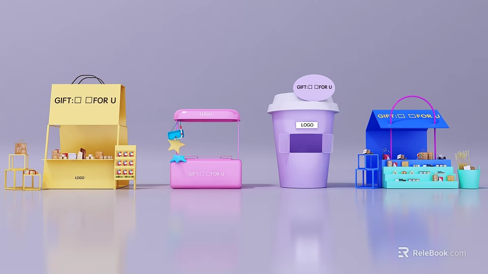 Colorful Mini Shop Models In Various Colors With Sweet Shop And For U Logo 3d model 