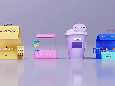Colorful Mini Shop Models In Various Colors With Sweet Shop And For U Logo 3d model