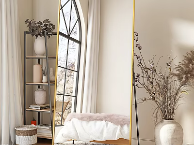 Elegant Bedroom Interior With Arch Window Gold Frame Floor Mirror And Dried Flowers 3d model