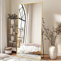 Elegant Bedroom Interior With Arch Window Gold Frame Floor Mirror And Dried Flowers