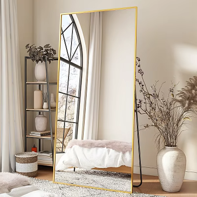 Elegant Bedroom Interior With Arch Window Gold Frame Floor Mirror And Dried Flowers 3d model