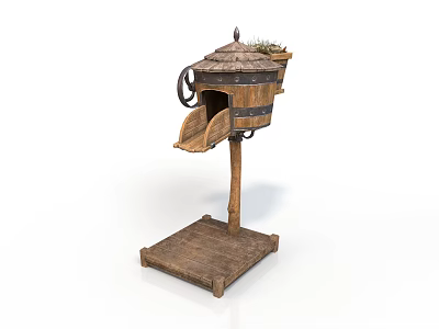 Vintage Style Wooden Birdhouse Building Featuring Wheel Decoration Grass Roof And Square Base 3d model