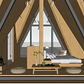 Bright Hotel Room With Triangular Wooden Roof Large Windows Comfortable Bed And Armchair