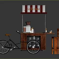 Functional Mobile Coffee Cart with Striped Awning Wooden Stools and Coffee Machines