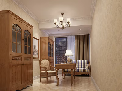 Classic American Wooden Study Room Interior With Full Furniture And Beautiful Night City View 3d model