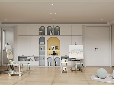 Bright Modern Entertainment Room Interior With Bookshelves Easels Tables And Wooden Floor 3d model