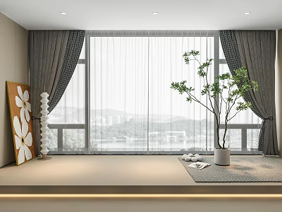 Dark Curtains And Sheer Panels For Large Windows With Scenic View And Potted Plant 3d model