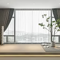 Dark Curtains And Sheer Panels For Large Windows With Scenic View And Potted Plant