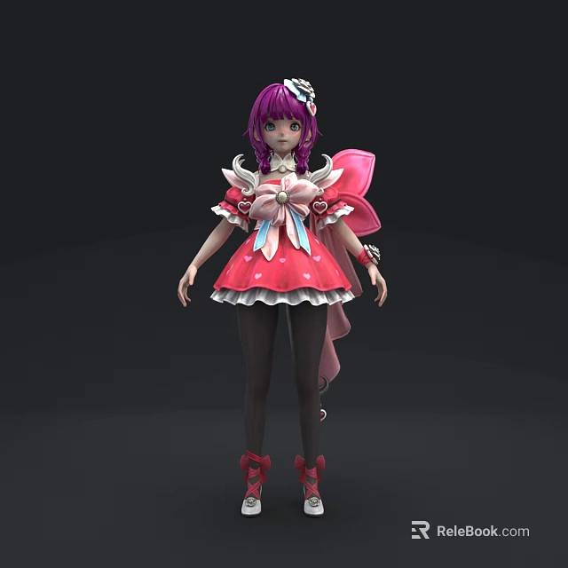 Cute Game Anime Character With Purple Hair Pink Dress And Red Shoes 3d model 