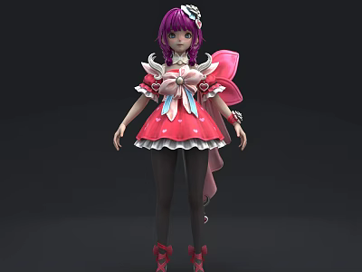 Cute Game Anime Character With Purple Hair Pink Dress And Red Shoes 3d model