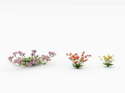 Colorful Small Decorative Flowers with Pink Red Yellow Blooms and Green Leaves on White Background 3d model