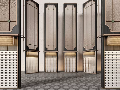 Modern Room Divider Design With Metal Frames And Textured Glass Panels 3d model