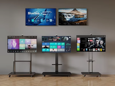 Five Televisions Wall Mounted and on Wheeled Stands Displaying Various Content 3d model