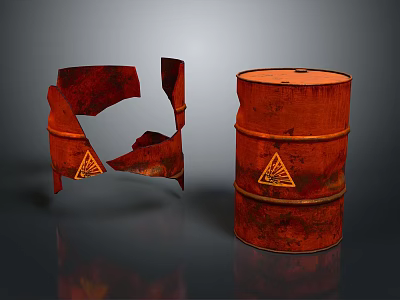Red Industrial Barrels Damaged And Intact With Yellow Triangular Warning Signs 3d model