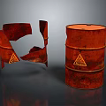 Red Industrial Barrels Damaged And Intact With Yellow Triangular Warning Signs