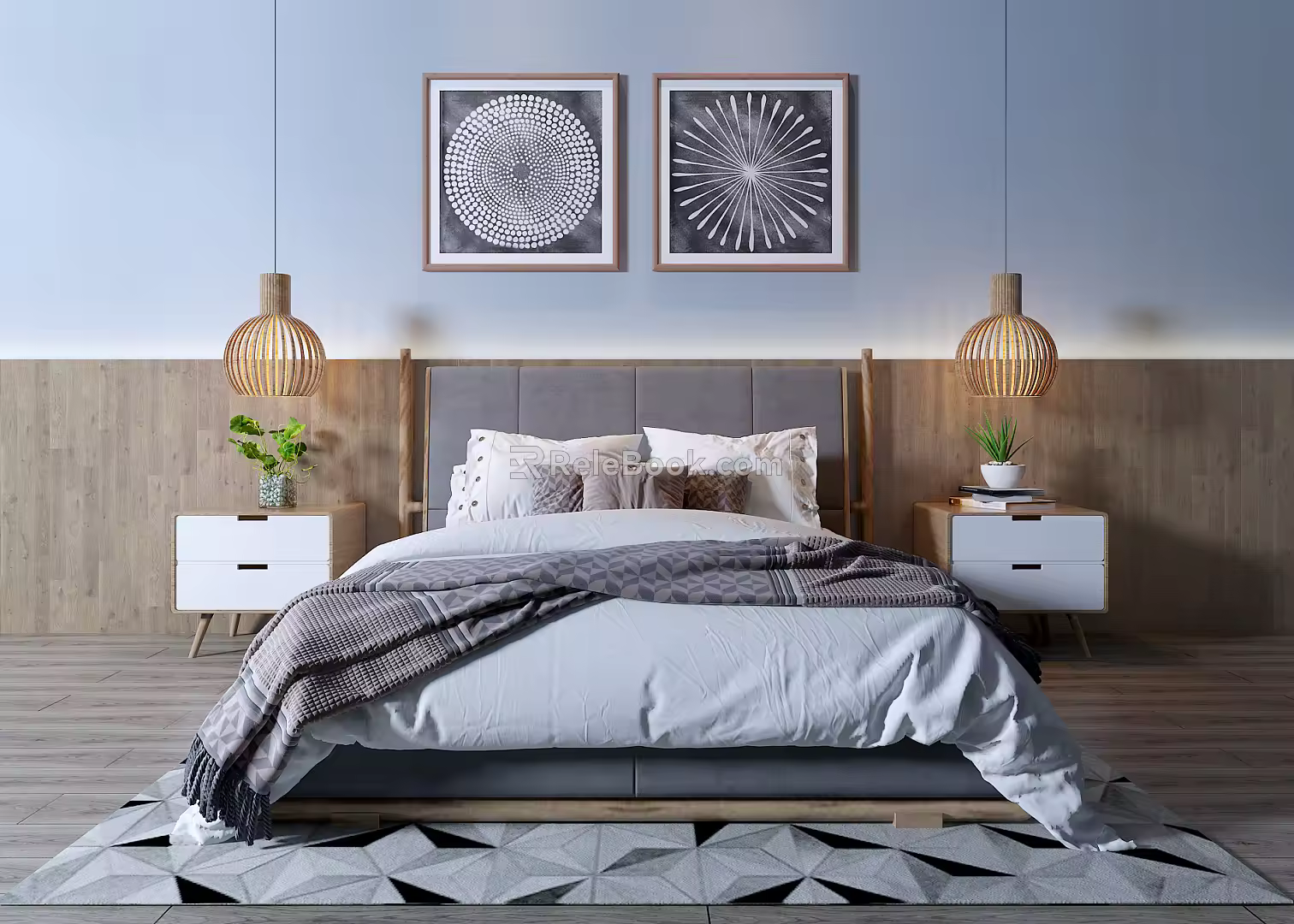 Nordic Background Double Bed Hanging Picture Desk Lamp Side Cabinet Combination 3d model