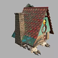 Cartoon Style House With Red Roof Green Walls Round Window Claw Legs And Pine Tree