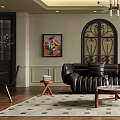 Living Room Interior Design With Black Leather Sofa Coffee Table Arched Iron Door And Chandelier
