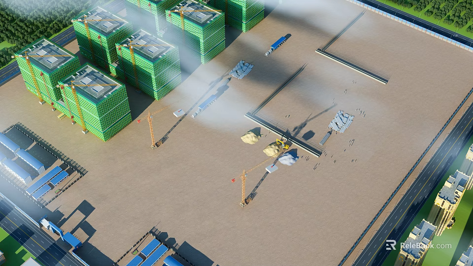 Industrial Factory Construction Site With Cranes Green Structures And Ground Equipment 3d model 